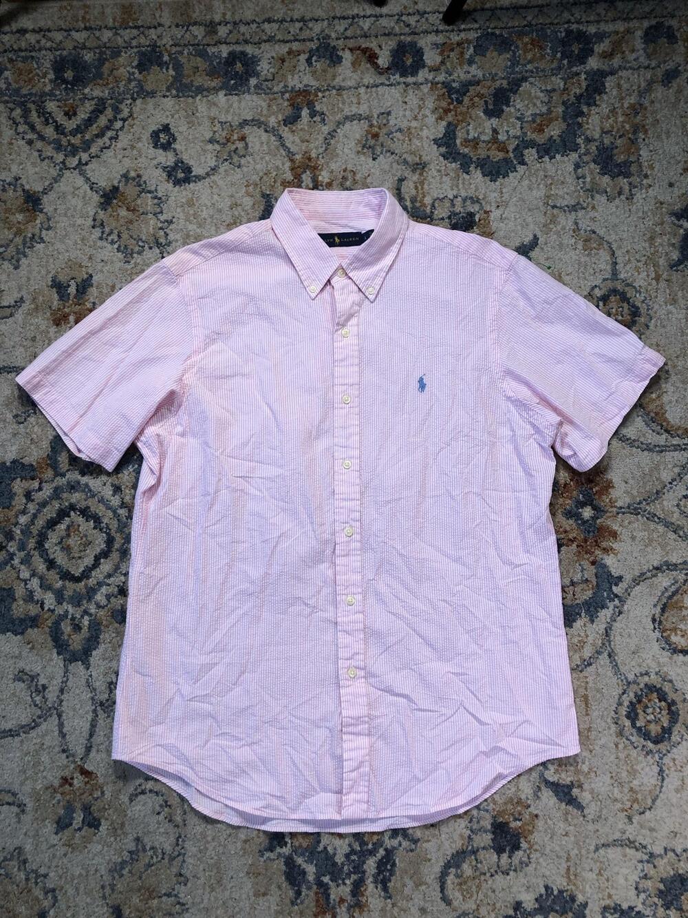 Ralph Lauren Shirt Mens Large Pink Stripe Short Sleeve Button Down Casual Cotton